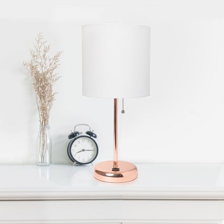 Limelights Rose Gold Stick Lamp with USB charging port and Fabric Shade, White LT2044-RGD